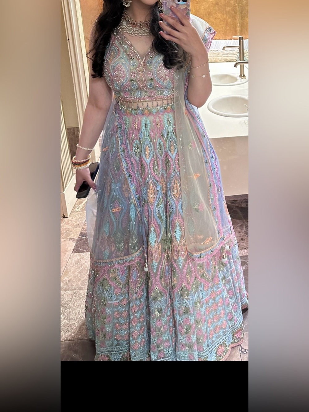 Embroidered Pastel Multi-Color Lehenga with Sheer Overlay - Designer Style